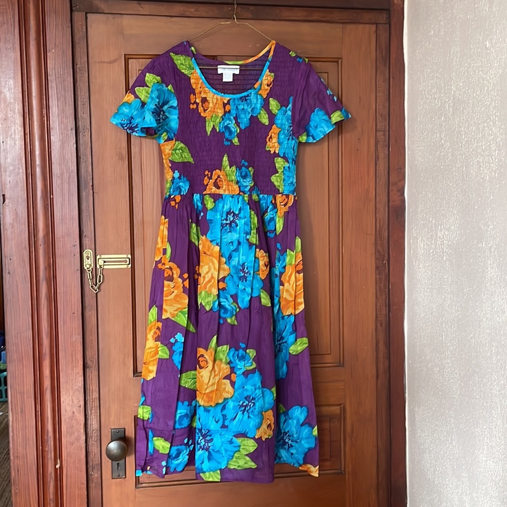 New Dress Cotton Smocked Bodice Flutter sleeves purple blue orange midi lined